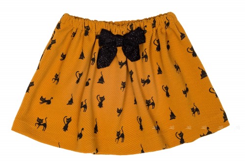 Girls Mustard & Black Cat Print Jersey Skirt