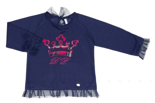 Girls Navy Blue Crown Jersey Sweater With Tulle