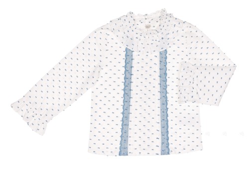 Girls White & Blue Polka Dot Blouse with Lace 