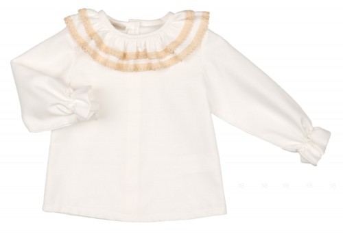 Ivory Cotton Shirt With Double Ruffle Lace Collar 