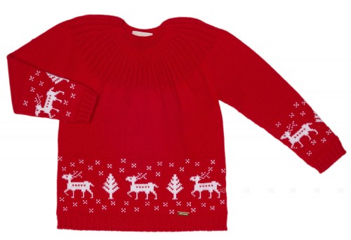 Girls Red & White Reindeer Knitted Sweater 