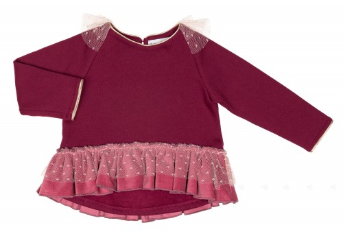 Pink Jersey Sweater With Tulle Frilled Asymmetrical Hem