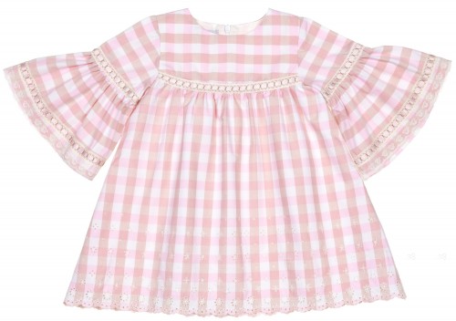 Girls Pink & Beige Checked Dress with Lace