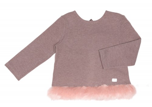 Girls Beige Knitted Sweater with Pink Synthetic Fur Hem 
