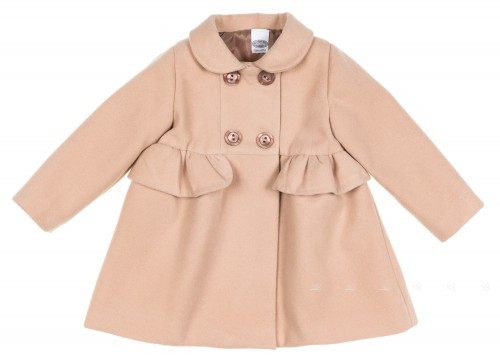 Girls Beige Coat with Ruffle Waist