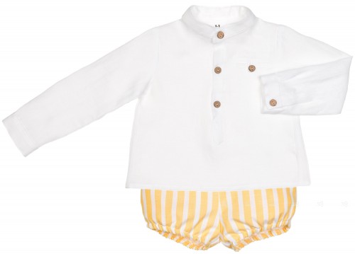 Boys White Shirt Cotton Shirt & Yellow Striped Shorts Set 