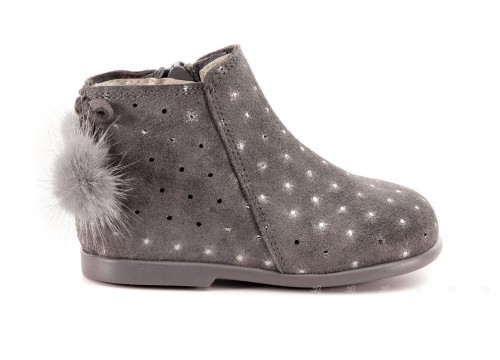 Baby Gray Suede Boots with Sparkly Polka Dots & Pom-Poms