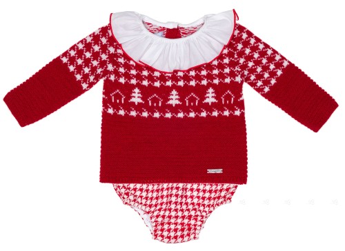 Red & White Knitted Houndstooth Sweater Set 