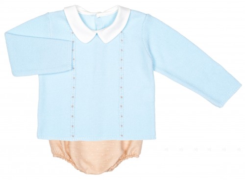 Baby Blue Knitted Sweater & Beige Shorts Set