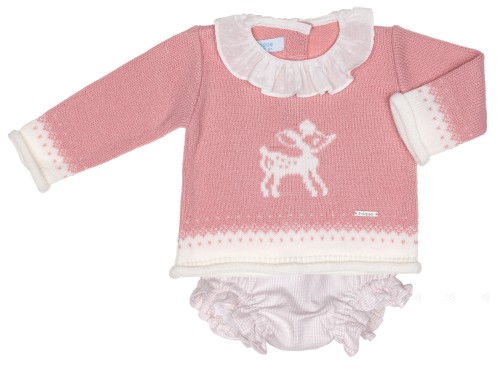 Baby Pink Deer Sweater & Checked Short Set 