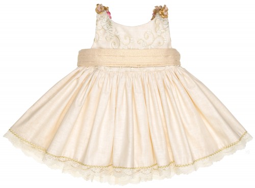 Girls Beige & Gold Flared Dress with Floral Braces 