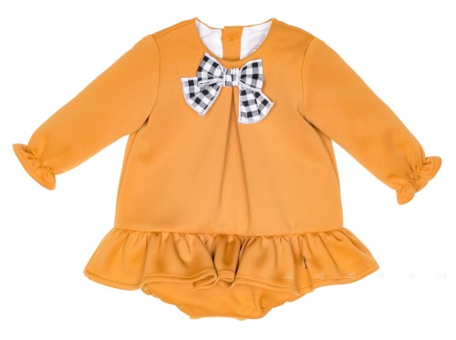 Baby Girls Mustard Shortie With Black & White Gingham Bow