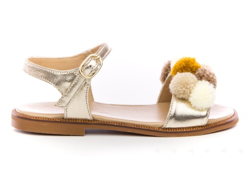 Girls Gold Metallic Leather Sandals with Pom-Poms 