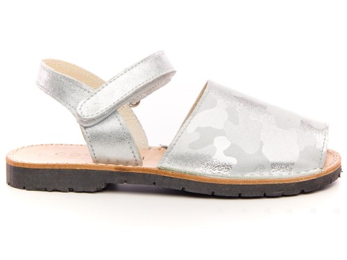 Silver Metallic Leather Traditional Menorcan Sandals with Camouflage 
