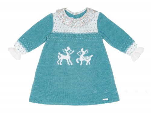 Girls Green Knitted Bamby Dress with Floral Collar 