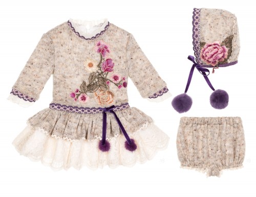 Baby Girls Beige Melange & Purple 3 Piece Dress Set 