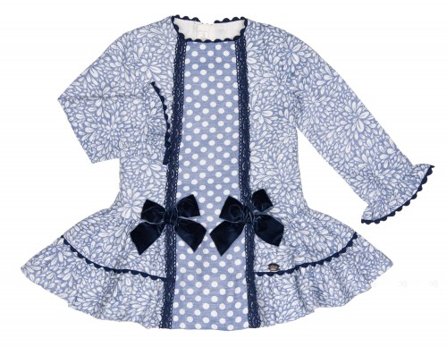 Girls Blue & White Floral Brocade Dress