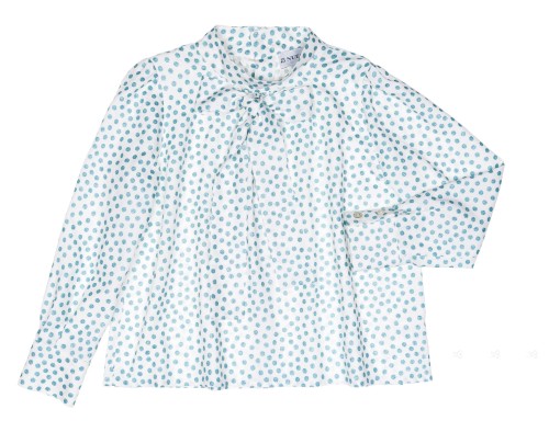 Girls White Blouse & Blue Glitter Polka Dots With Bow Collar
