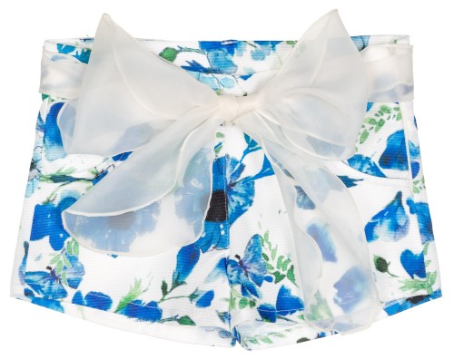 Girls White & Blue Floral Shorts with Organza Belt