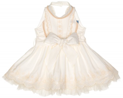 Girls Ivory Cotton Dress with Embroidered Hem & Tulle