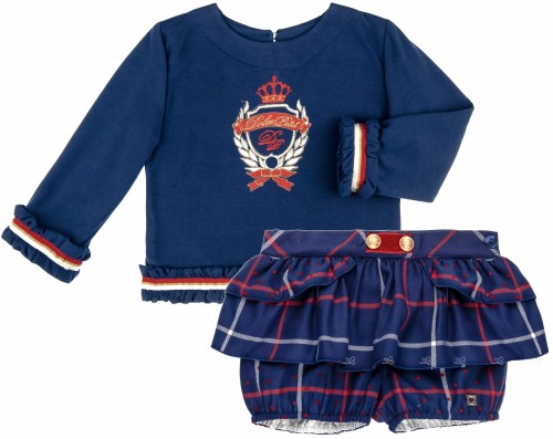 Dolce Petit Girls Navy Blue with Shield Embroidered 2 Piece Short Set 