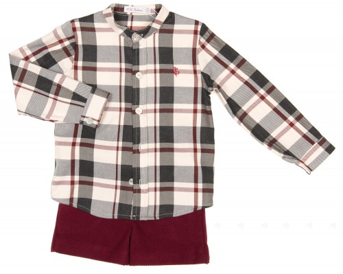 Boys Burgundy & Gray Check Print Shirt & Short Set 