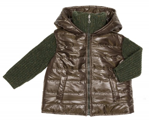 Girls Green Quilted Jacket With Knitted Sleeves 