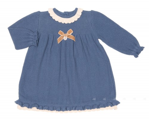 Baby Blue & Beige Knitted Dress with Velvet Bow