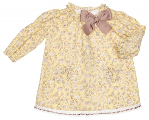 Yellow & Beige Floral Dress with Bow