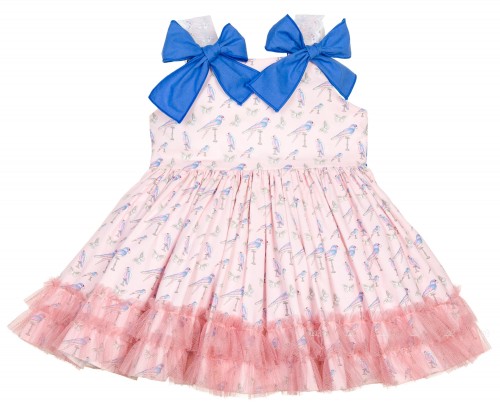 Girls Pink & Blue Bird Print Dress