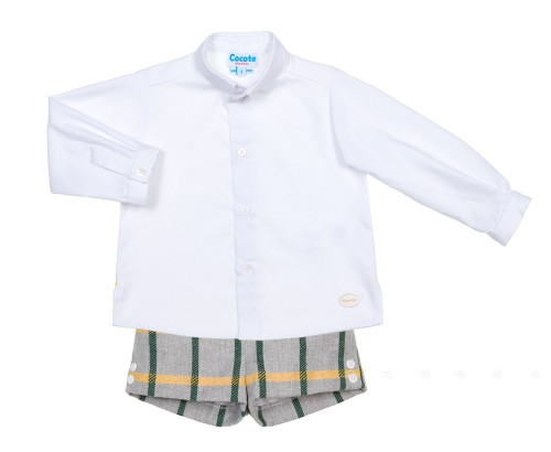 Cocote Conjunto Niño Camisa Blanco & Short Cuadros Gris