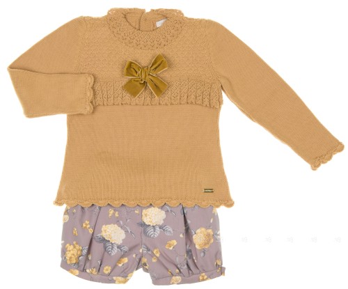Girls Mustard Fine Knitted Sweater & Floral Ruffle Short Set 