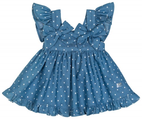 Girls Denim Blue & White Polka Dot Ruffle Dress.
