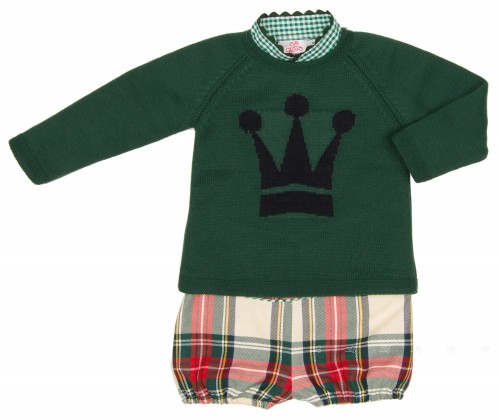 Boys Green Checked Shirt, Crown Sweater & Wool Shorts Set 