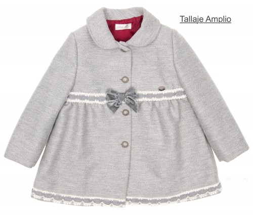 Girls Gray Traditional Coat With Lace & Velvet Bows