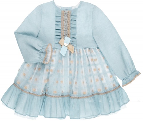 Dolce Petit Girls Light Blue Tulle & Camel Embroidered Dress 