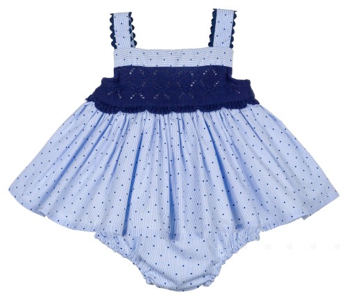 Baby Girls Navy Blue Stripe & Polka Dot 2 Piece Dress Set. 