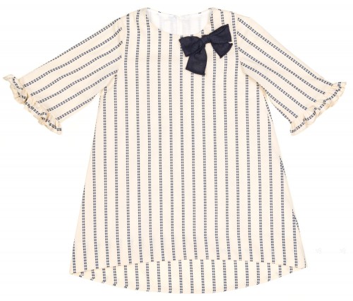 Girls Ivory & Navy Blue Striped Cotton Dress