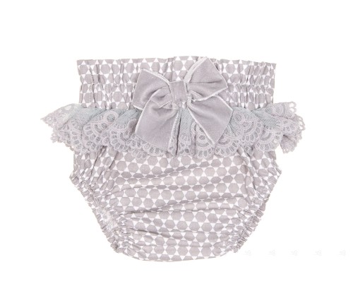 Baby Girls Gray & White Lace Ruffle Knickers With Velvet Bow