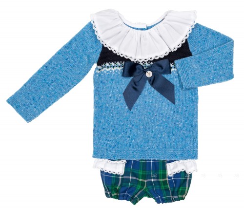 Girls Blue Knitted Sweater & Green Checked Shorts Set 