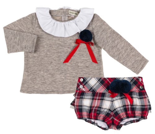Girls Grey Sweater & Blue Tartan Shorts Set 