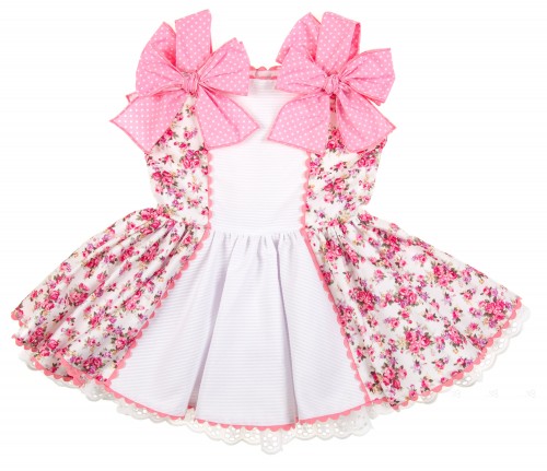 Pink Floral Flared Dress with polka dots bows