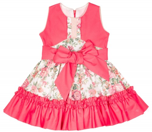 Girls Coral Pink Floral Print Dress with Maxi Bow