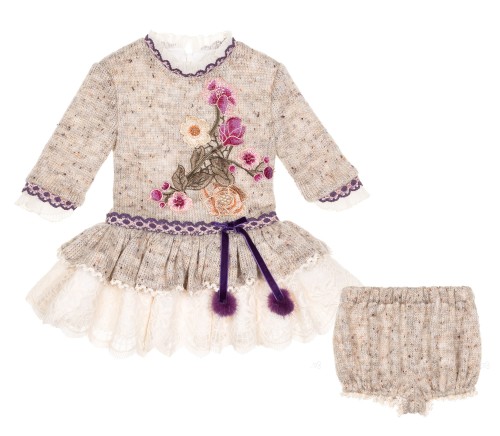 Baby Girls Beige Melange & Purple 2 Piece Dress Set 