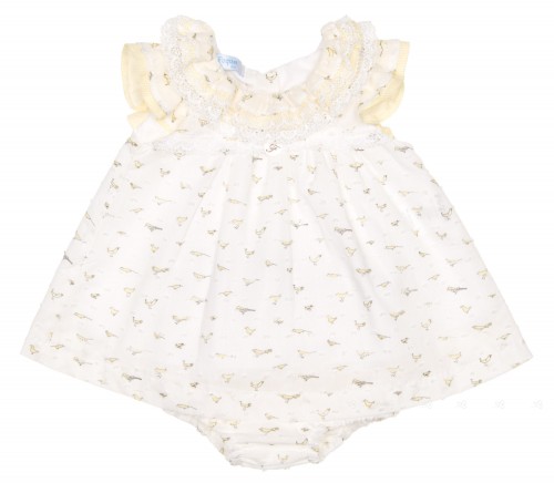 Baby White & Yellow Birdie Print Dress Set 