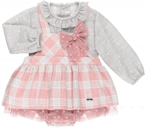 Dolce Petit Baby Girls Gray Blouse with Pale Pink & Gray Checked Dungaree Shortie Set