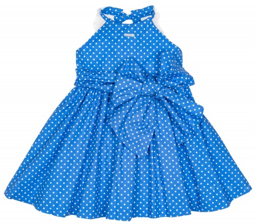 Girls Blue Polka Dot Flared Dress with Crochet Back