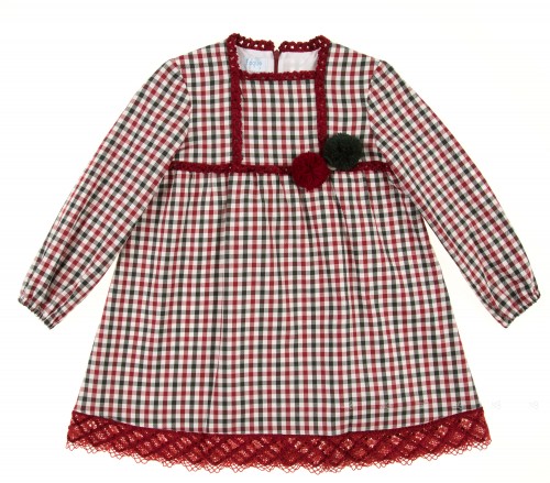 Deep Red & Green Check Dress with Pompoms