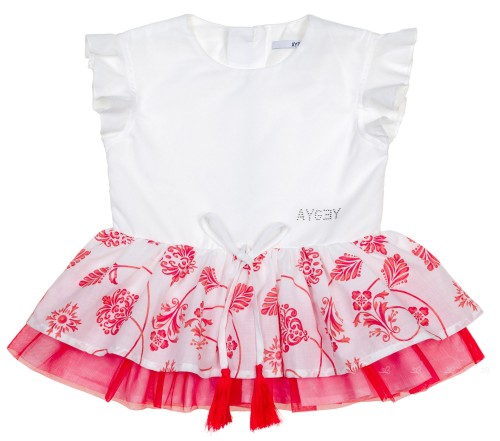 Girls Red Tulle & Flower Print Ruffle Top