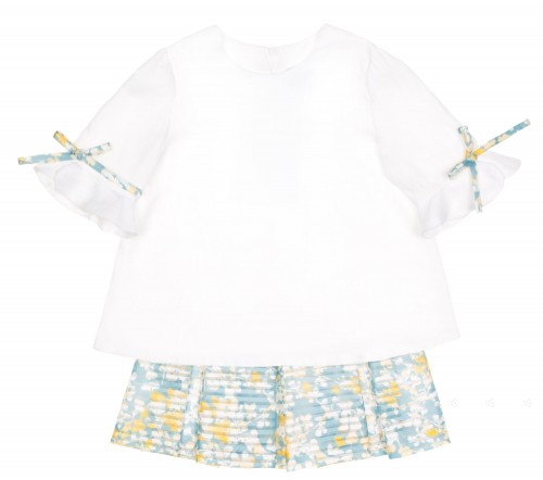 Girls White Linen Blouse & Blue Floral Structured Skirt Set 